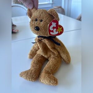 Ty Brown Plush Bear with Black Bow-Fuzz